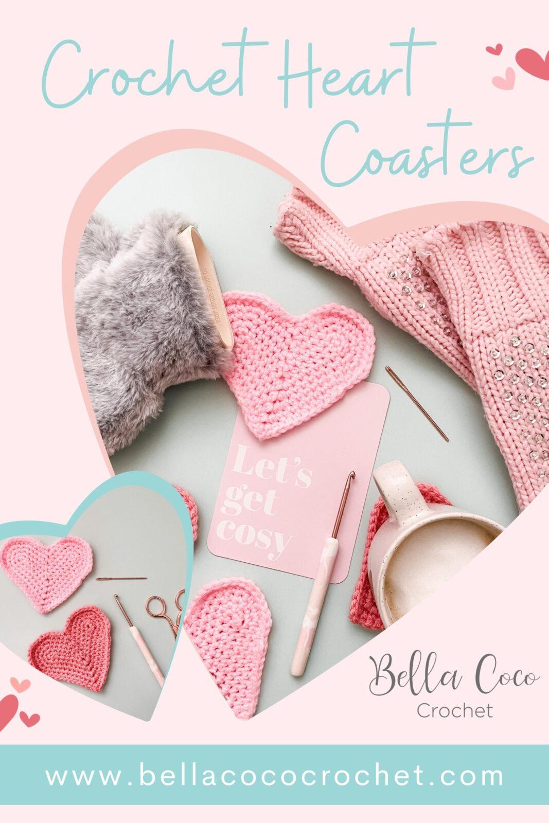 Pinable image for Pinterest of crochet heart shaped coasters. Pattern by Bella Coco Crochet