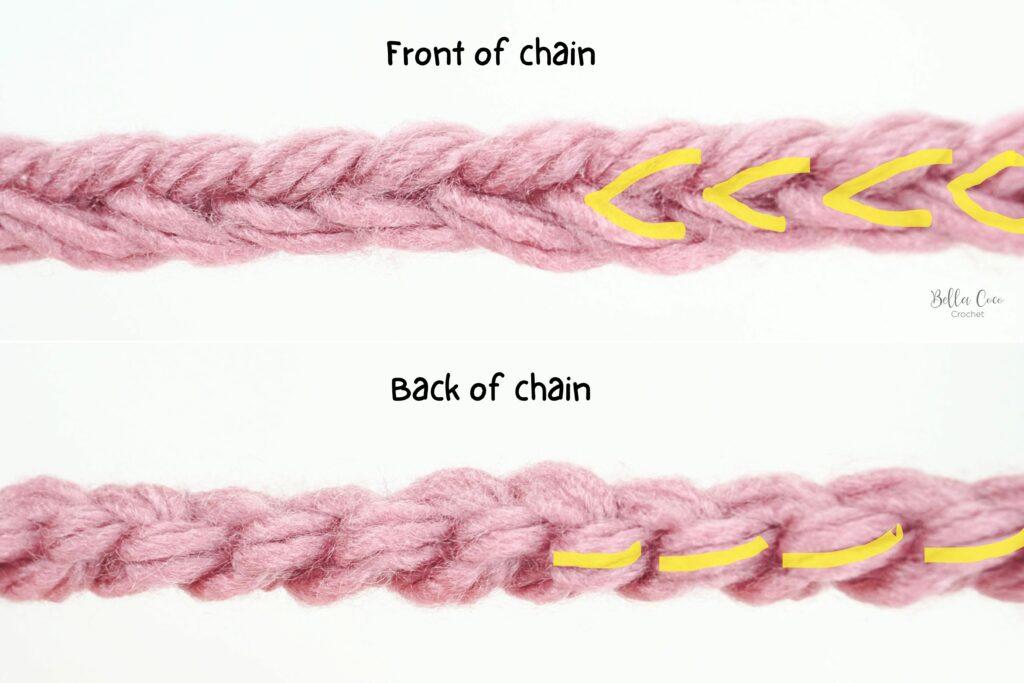 crochet chain front and back with annotation