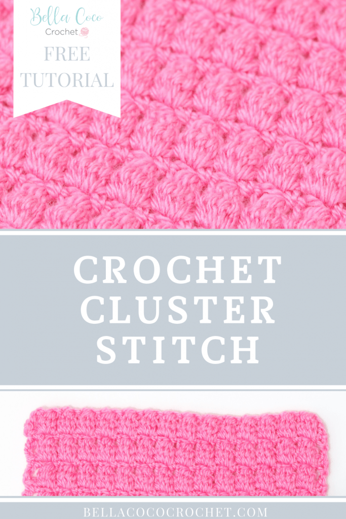 A Pinterest post featuring a pink square of crocheted cluster stitch