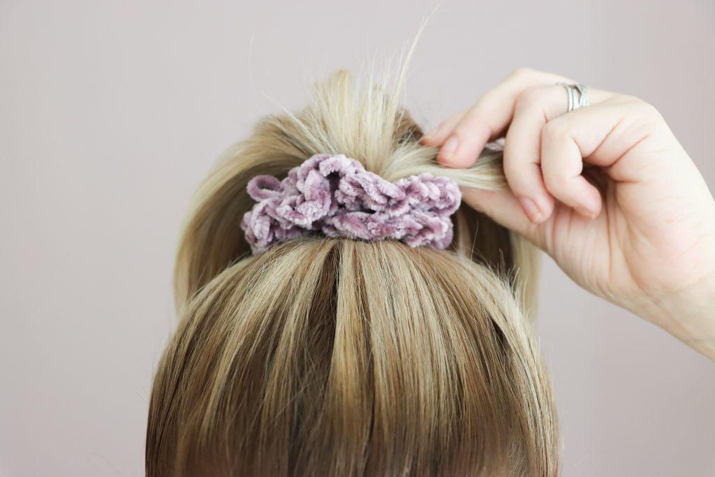 velvet crochet scrunchies in blonde hair