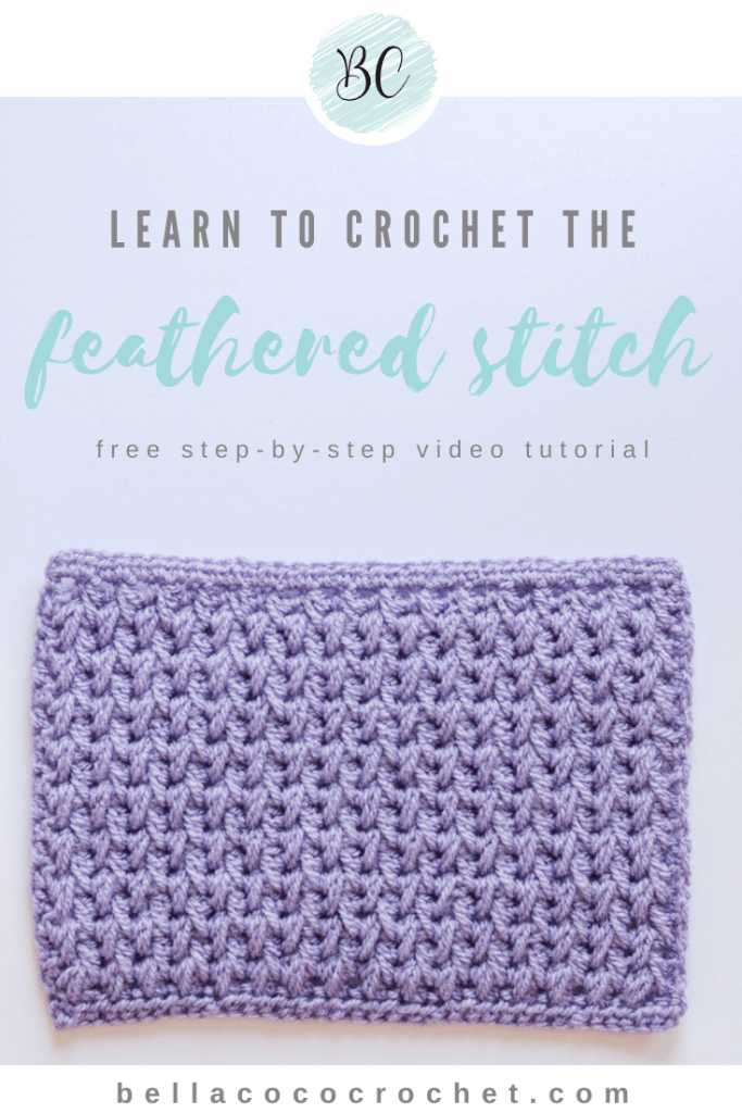 A lilac swatch of the crochet feathered stitch sits on a white background