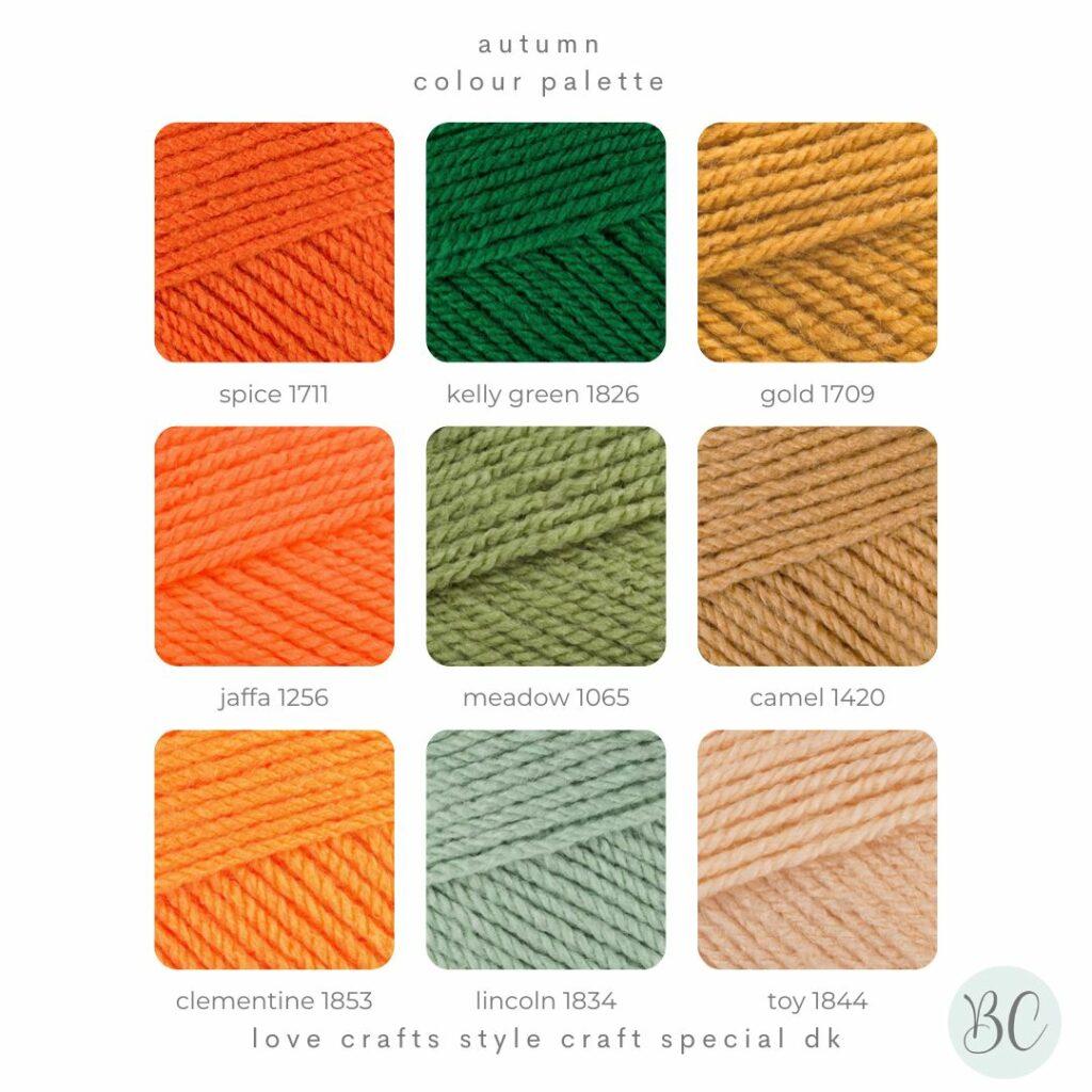a digital image showing 9 yarn swatches for autumn projects showing 3 shades of orange, 3 shades of green and 3 shades of brown. 