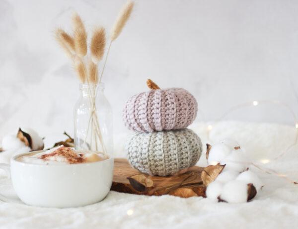 two crochet pumpkins stacked one grey and the other in mushroom. The crochet pumpkins are surrounded by small fairy lights with a cup of coffee and bunny tail dried flowers in a small glass vase. the background is white and the set up is placed on a white faux fur rug