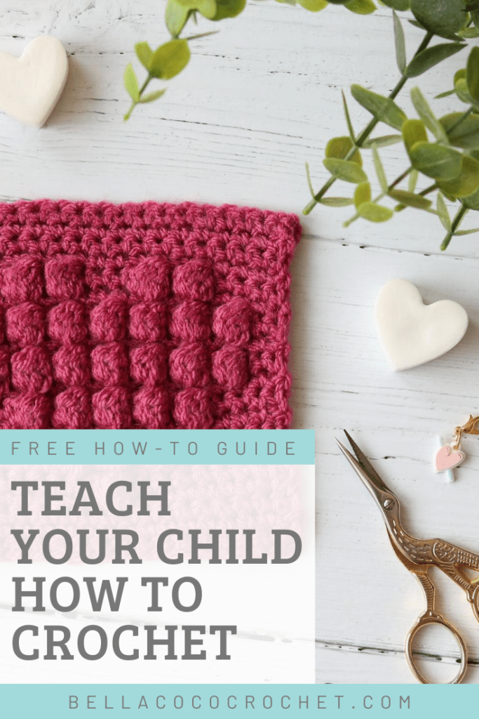 A pinterest graphic advertising this article, Teach Your Child To Crochet.