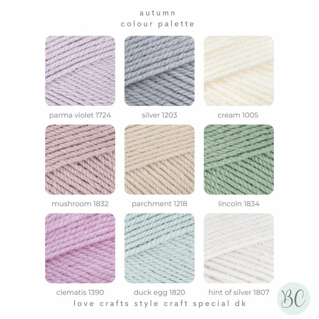 a digital image showing 9 yarn swatches of pastel shades. 