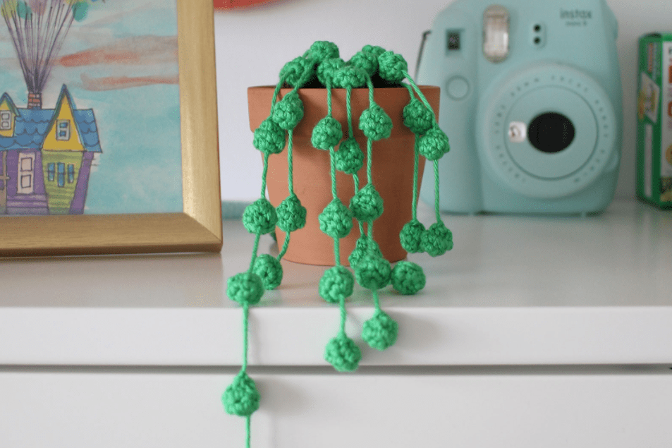 A crochet string of pearls plant sits on a white shelf beside a drawing of a house and a pale mint camera. 