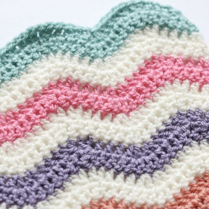 Ripple Crochet Stitch in Aqua, Pink, Purple, Peach and Cream yarn.