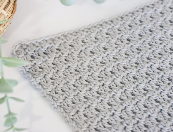 Floret stitch in grey yarn on a white background next to a plant.