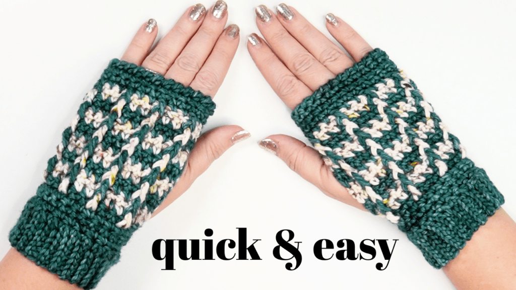 a flat lay image of hands wearing crocheted wrist warmers in green and cream yarn on a white background. in bold black text is says 'quick and easy' in between the hands. 