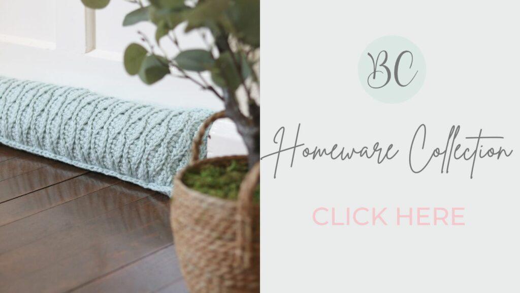 Homeware collection promotion with an image of a draft excluder crocheted with the almond stitch in teal yarn against a door with a plant beside it.