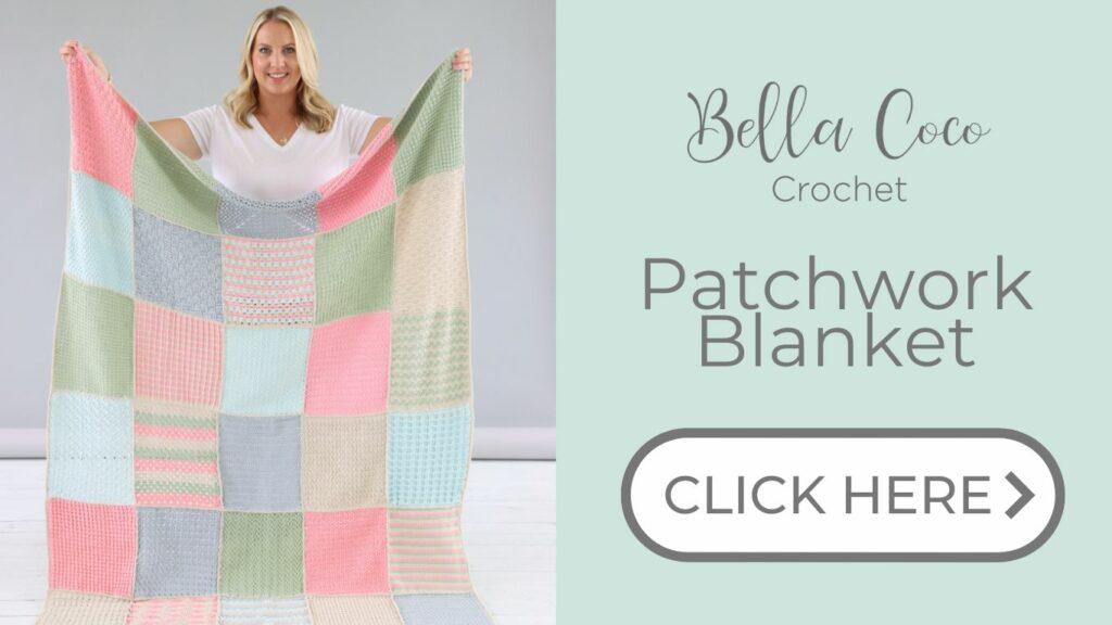 an online advert for a crochet patchwork blanket.
