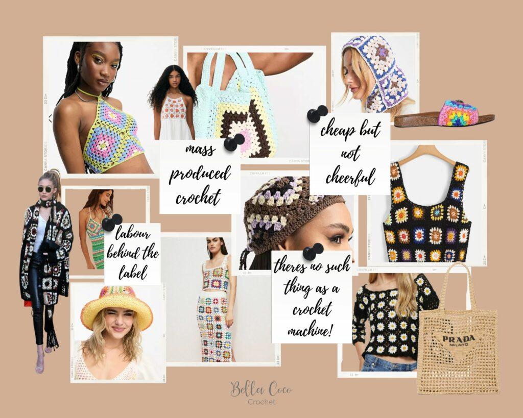 mood board of crochet clothing and accessories saved from online shopping websites with key words: cheap but not cheerful, mass produced crochet, labour behind the label, theres no such thing as a crochet machine. 
