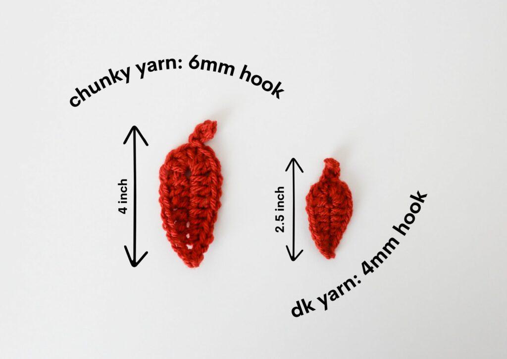 two crochet leafs showing the difference in size when using two different types of yarn and crochet hook